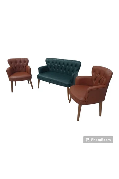 GARDEN HOUSE Yeşil Tarçın Haki Taba Kahve Renk Deri Ahşap Ayaklı Kollu Ofis Koltuk Takımı Bekleme Büro
