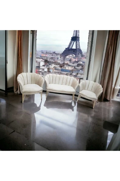 GARDEN HOUSE Krem Renk Kumaş Metal Ayak Papatya Çay Seti Koltuk Takımı Bekleme - Ofis Koltuk Takımı