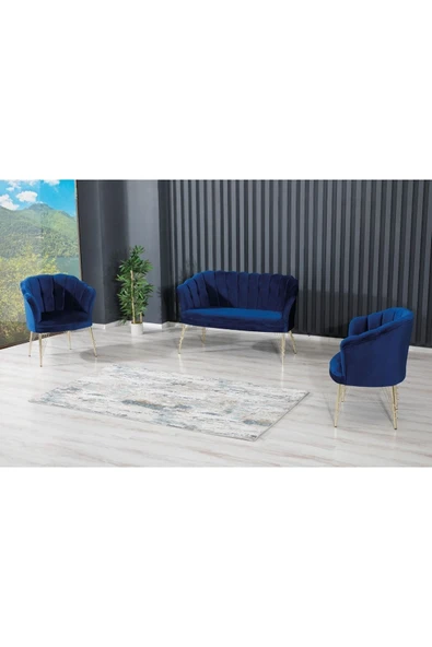 GARDEN HOUSE Mavi Renk Kumaş Metal Ayak Çay Seti Koltuk Takımı Bekleme - Ofis Koltuk Takımı