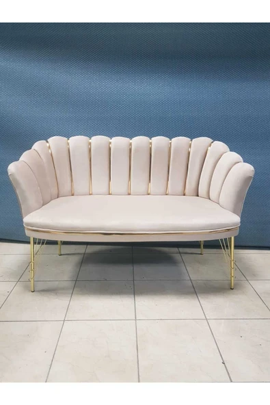 GARDEN HOUSE  Papatya Krem Yeşil Babe Face Kumaş Gold Metal Ayaklı Çay Seti Koltuk Takımı Berjer - 3