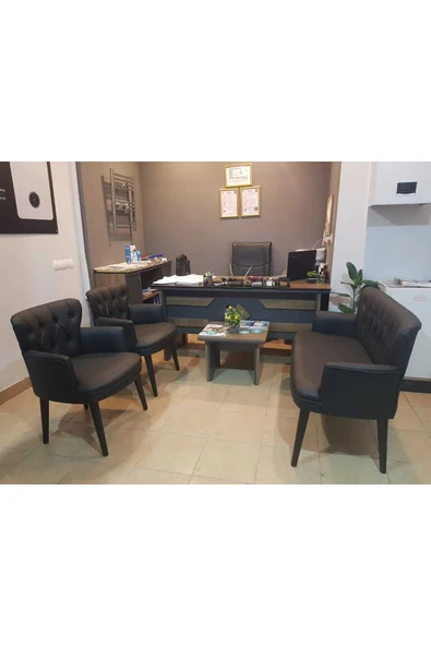 GARDEN HOUSE  Siyah Deri Siyah Ahşap Ayaklı Ofis Koltuk Takımı Berjer Bekleme Büro Koltuk Takımı - 2