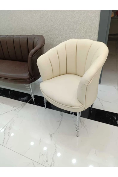 GARDEN HOUSE  Papatya Kahve Krem Deri Ofis Büro Koltuk Takımı Metal Ayak 3+1+1 - 3