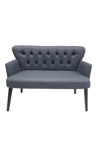 GARDEN HOUSE  İkili Antrasit Deri Ahşap Ayaklı Ofis Koltuğu Kafe Koltuğu Bekleme Koltuğu Çay Seti Koltuk