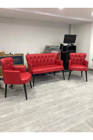 GARDEN HOUSE  Pera  Ofis Büro Bekleme Koltuk Takımı Kırmızı Renk Ahşap Ayak Kapitoneli - 4