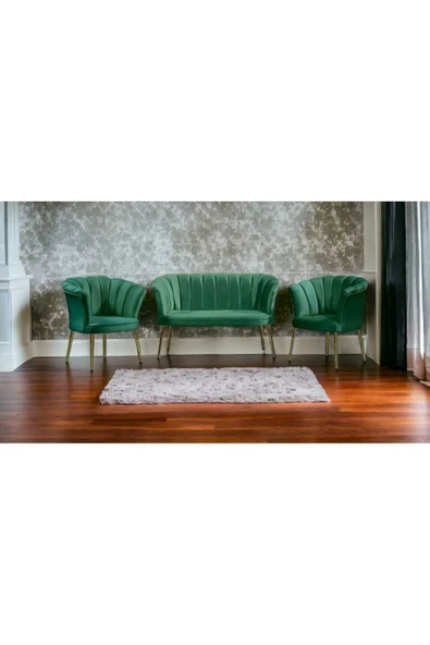 GARDEN HOUSE  Yeşil Kumaş Papatya Çay Seti Koltuk Takımı Bekleme Koltuğu Misafir Koltuğu Ofis Koltuk Takımı Berjer