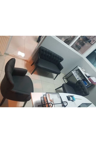 GARDEN HOUSE Siyah Deri Gürgen Ayaklı Pera Ofis Koltuk Takımı Kuaför Bekleme Koltuk Takımı Ofis Mobilyası - 4