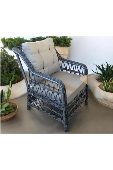 GARDEN HOUSE  Antrasit Gri Rattan Gri Kumaşlı Alüminyum Bahçe Koltuk Takımı 3 1 1 2 puf Masa Bahçe Balkon Takımı - 2