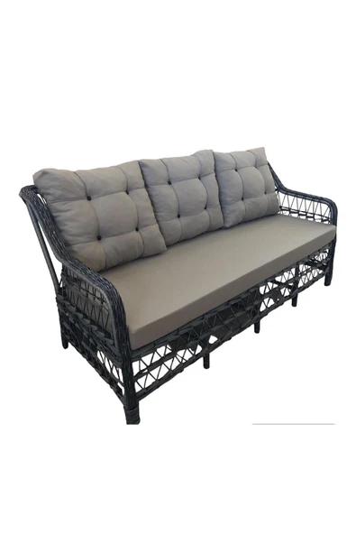 GARDEN HOUSE  Antrasit Gri Rattan Gri Kumaşlı Alüminyum Bahçe Koltuk Takımı 3 1 1 1 Puf Masa Bahçe Mobilyası - 3