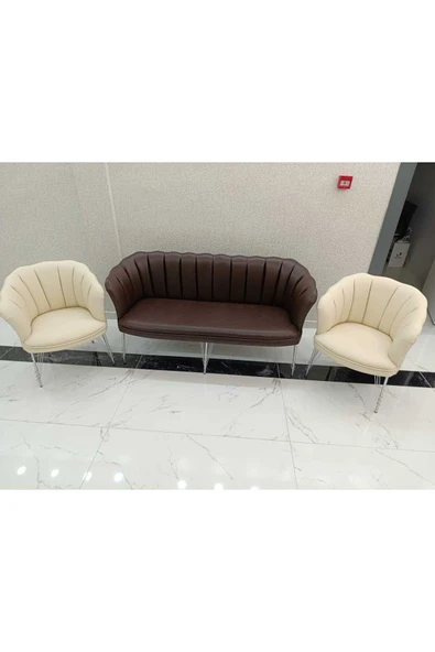 GARDEN HOUSE  Papatya Kahve Krem Deri Ofis Büro Koltuk Takımı Metal Ayak 3+1+1