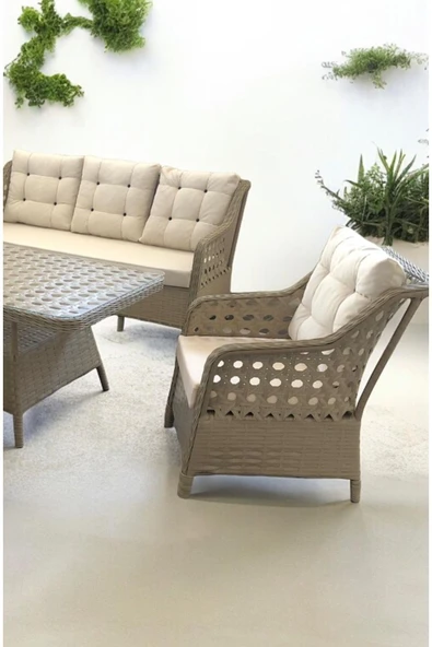 GARDEN HOUSE  Alüminyum Kapuçino Rattan Krem Kumaşlı Bahçe Koltuk Takımı 3 1 1 2 puf Masa Bahçe Mobilyası - 5