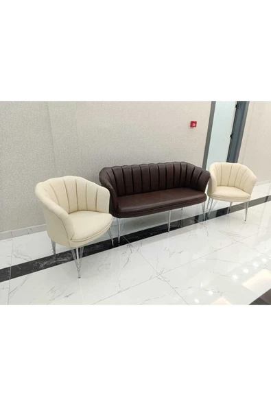 GARDEN HOUSE  Papatya Kahve Krem Deri Ofis Büro Koltuk Takımı Metal Ayak 3+1+1 - 4