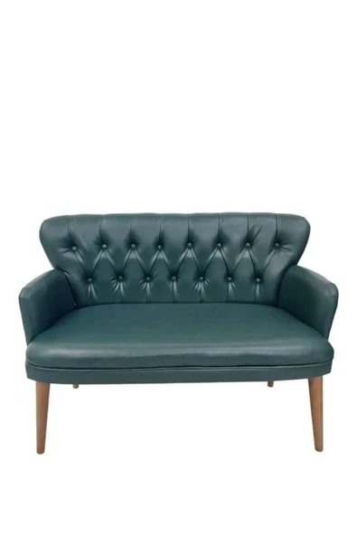 GARDEN HOUSE  2 1 'li Yeşil Ikili Taba Tekli Deri Ahşap Ayaklı Ofis Koltuk Takımı Kafe Sandalyesi - 5