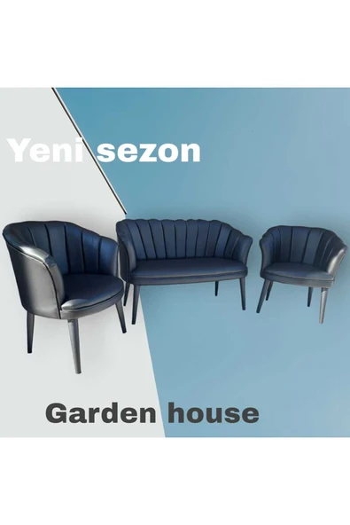 GARDEN HOUSE  Papatya Siyah Deri Ahşap Ayaklı Ofis Koltuk Takımı Bekleme Koltuğu Misafir Koltuğu Berjer - 4