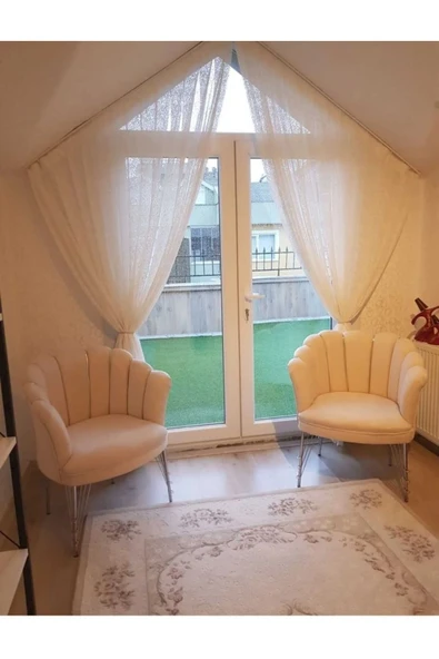 GARDEN HOUSE  Krem Renk Kumaş Metal Ayak Papatya Çay Seti Koltuk Takımı Bekleme - Ofis Koltuk Takımı - 2
