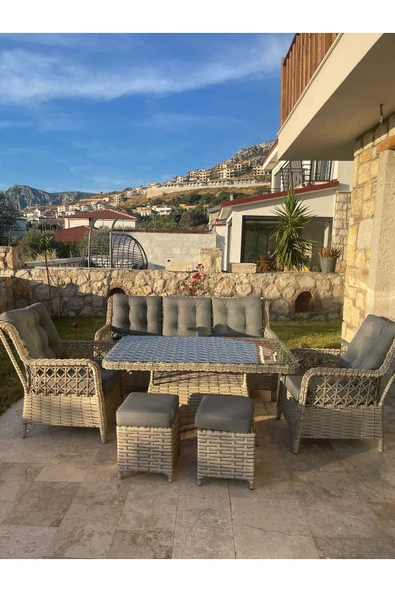 GARDEN HOUSE  Açık Kahve Kapuçino Rattan Gri Kumaşlı Bahçe Koltuk Takımı 3 1 1 2puf Masa - 4