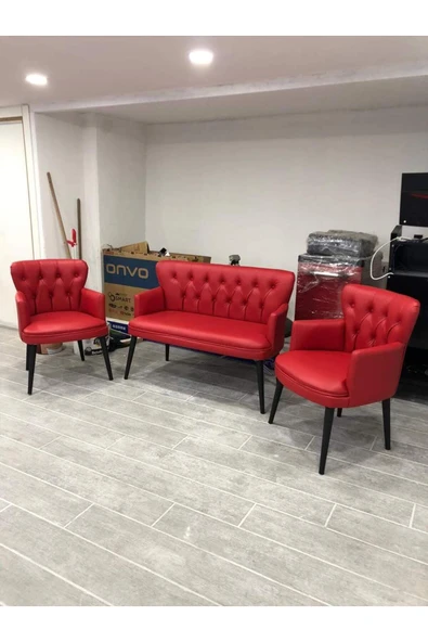 GARDEN HOUSE  Pera  Ofis Büro Bekleme Koltuk Takımı Kırmızı Renk Ahşap Ayak Kapitoneli