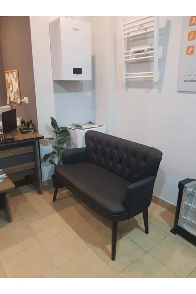 GARDEN HOUSE 2'li Siyah Deri Ahşap Ayaklı Ofis Koltuğu Kafe Koltuğu Bekleme Koltuğu Çay Seti Koltuk - 3