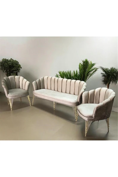 GARDEN HOUSE Vizon Kumaş Gold Metal Ayaklı Çay Seti Koltuk Takımı Balkon Büro Bekleme Ofis Koltuk Takımı 3 1 1 - 3