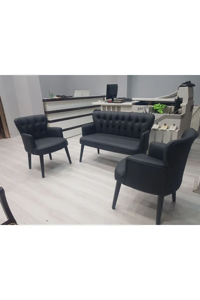 GARDEN HOUSE  Siyah Deri Gürgen Ayaklı Pera Ofis Koltuk Takımı Kuaför Bekleme Koltuk Takımı Ofis Mobilyası - 3