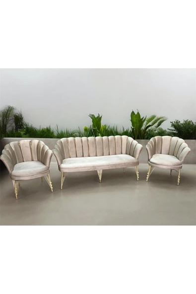 GARDEN HOUSE Vizon Kumaş Gold Metal Ayaklı Çay Seti Koltuk Takımı Balkon Büro Bekleme Ofis Koltuk Takımı 3 1 1