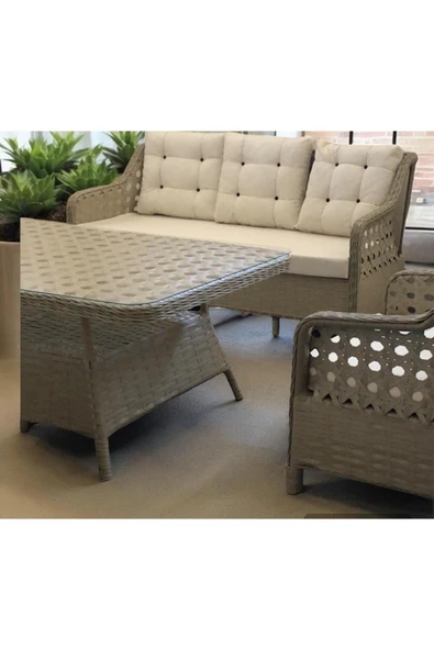 GARDEN HOUSE  Alüminyum Kapuçino Rattan Krem Kumaşlı Bahçe Koltuk Takımı 3 1 1 2 puf Masa Bahçe Mobilyası - 4