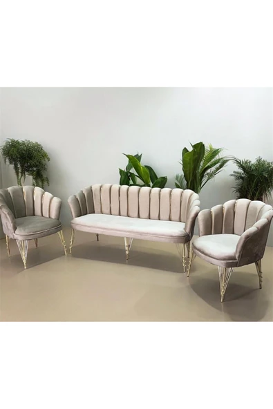 GARDEN HOUSE  Vizon Kumaş Gold Metal Ayaklı Çay Seti Koltuk Takımı Balkon Büro Bekleme Ofis Koltuk Takımı 3 1 1 - 5