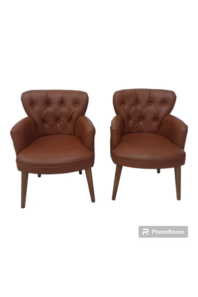 GARDEN HOUSE  2 Tekli Taba Deri Ahşap Ayaklı Ofis Koltuk Takımı Kafe Koltuğu Sandalye Berjer