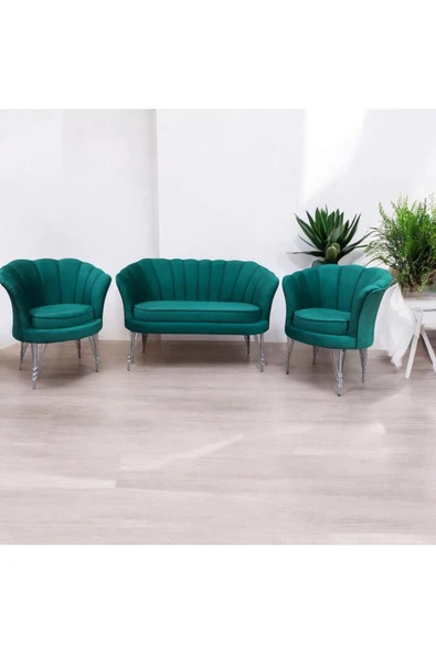 GARDEN HOUSE  Yeşil Kumaş Gold Metal Ayaklı  Ofis Koltuk Takımı Bekleme Koltuğu Çay Seti Koltuk Takımı