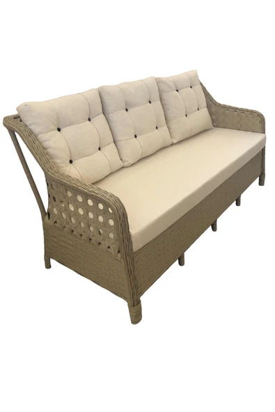 GARDEN HOUSE  Alüminyum Kapuçino Rattan Krem Kumaşlı Bahçe Koltuk Takımı 3 1 1 2 puf Masa Bahçe Mobilyası - 2