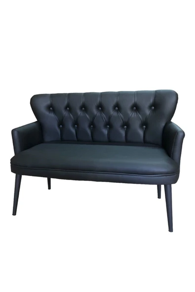 GARDEN HOUSE 2'li Siyah Deri Ahşap Ayaklı Ofis Koltuğu Kafe Koltuğu Bekleme Koltuğu Çay Seti Koltuk