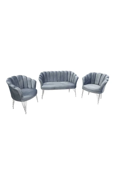 GARDEN HOUSE  Gri Kumaş Gümüş Metal Ayaklı Gümüş Şeritli Çay Seti Koltuk Ofis Koltuk Takımı Bekleme Koltuğu