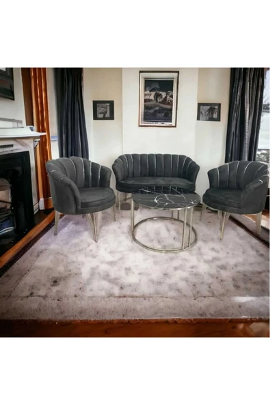 GARDEN HOUSE Gri Metal Ayaklı Papatya/i?stiridye Baby Face Kumaş Çay Seti Koltuk Takımı Ofis Koltuğu Berjer