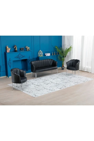 GARDEN HOUSE  Siyah Renk Deri Gümüş Metal Ayak Papatya Ofis Koltuk Takımı Kuaför-bekleme Koltuk Takımı