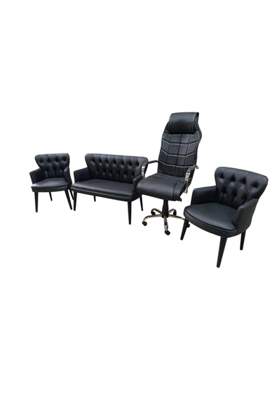 GARDEN HOUSE  Siyah Deri Siyah Ahşap Ayaklı Ofis Koltuk Takımı  Makam Koltuğu - Ofis, Bekleme  - 2+1+1+Müdür - Resim 2