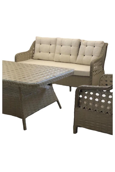 GARDEN HOUSE  Alüminyum Kapuçino Rattan Krem Kumaşlı Bahçe Koltuk Takımı 3 1 1 2 puf Masa Bahçe Mobilyası - 3