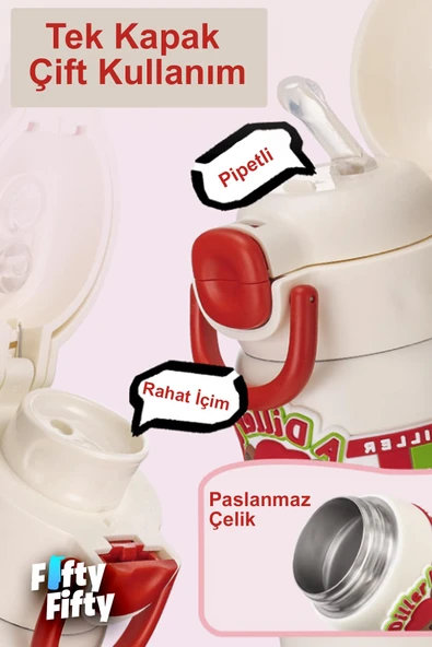 DILLER 600 ML Tek Kapak Çift Kullanım Pipetli/Pipetsiz Taşıma Kulplu Vacum Cup/Çelik Termos -FFDILLERD9238 - 2