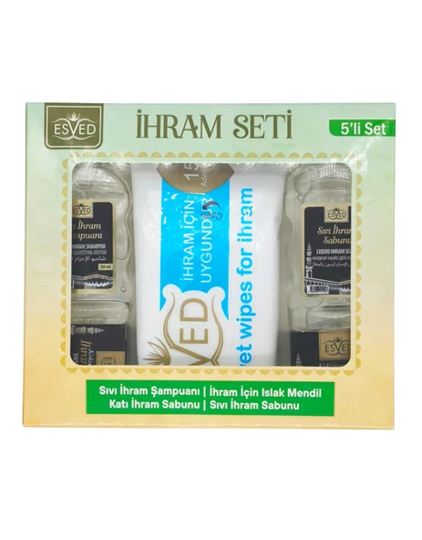 Kokusuz İhram Seti 5li , İhram Sıvı Sabunu, İhram Şampuan, İhram Katı Sabun, İhram Islak Mendil