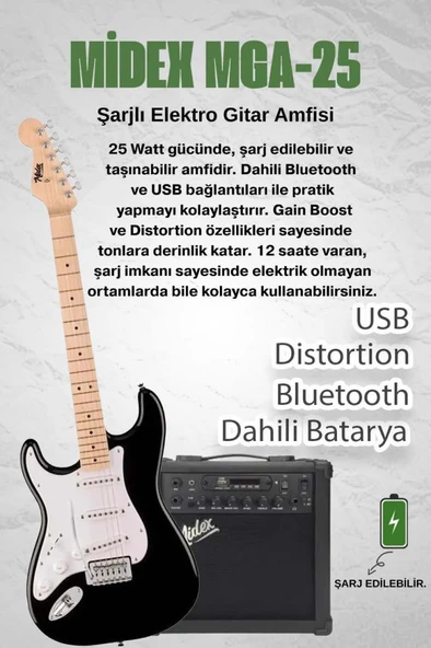 Midex RPH-31WB-25AMP Solak Elektro Gitar 25W Amfili Full Set - Resim 2