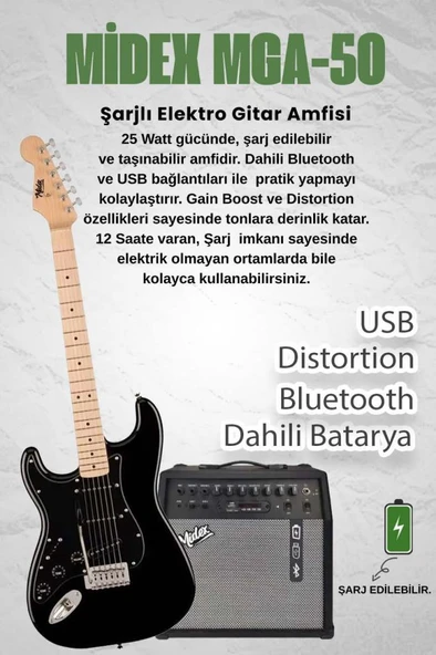 Midex RPH-31BK-50AMP Solak Elektro Gitar 50W Amfili Full Set - 2