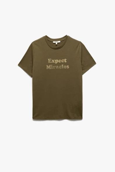 Koton Baskılı Kısa Kollu Bisiklet Yaka Kadın Tişört