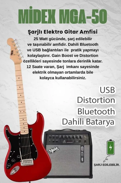 Midex RPH-31RD-50AMP Solak Elektro Gitar 50W Amfili Full Set - Resim 2