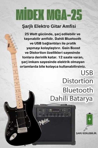 Midex RPH-31BK-25AMP Solak Elektro Gitar 25W Amfili Full Set - 2