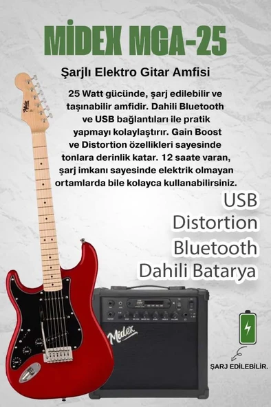 Midex RPH-31RD-25AMP Solak Elektro Gitar 25W Amfili Full Set - Resim 2