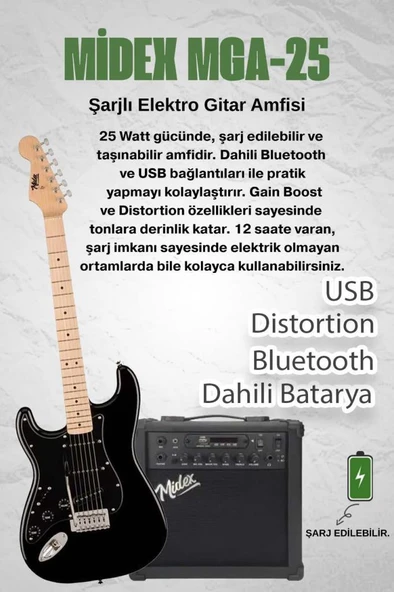 Midex RPH-31BK-25AMP Solak Elektro Gitar 25W Amfili Full Set - Resim 2