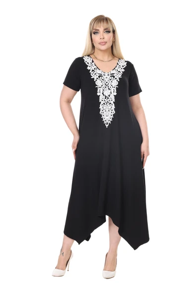 Melsay Butik Siyah Dantel Yaka Detaylı Asimetrik Kısa Kollu Elbise