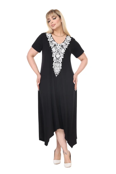 Melsay Butik Siyah Dantel Yaka Detaylı Asimetrik Kısa Kollu Elbise - 3