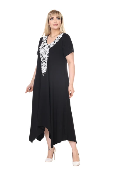 Melsay Butik Siyah Dantel Yaka Detaylı Asimetrik Kısa Kollu Elbise - 4