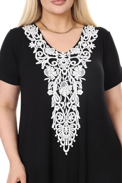 Melsay Butik Siyah Dantel Yaka Detaylı Asimetrik Kısa Kollu Elbise - 6