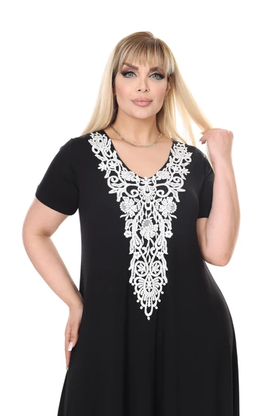 Melsay Butik Siyah Dantel Yaka Detaylı Asimetrik Kısa Kollu Elbise - 5