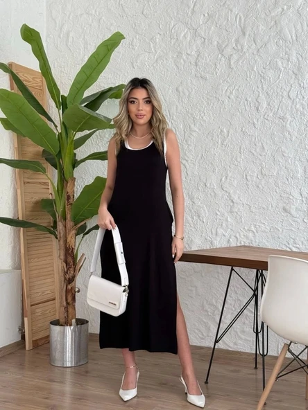 Kadın Yırtmaç Detaylı Viskon Kumaş Maxi Boy Cepli Iç Dahil Ikili Elbise